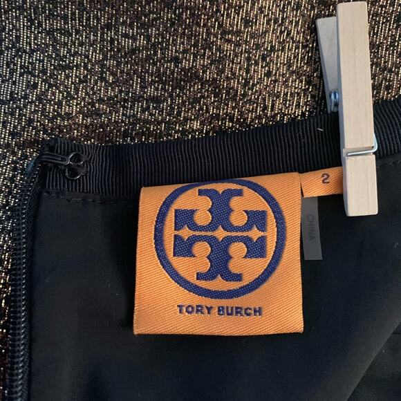 Tory Burch Metallic Gold Pencil Skirt w Black Lace Trim - Picture 12 of 16